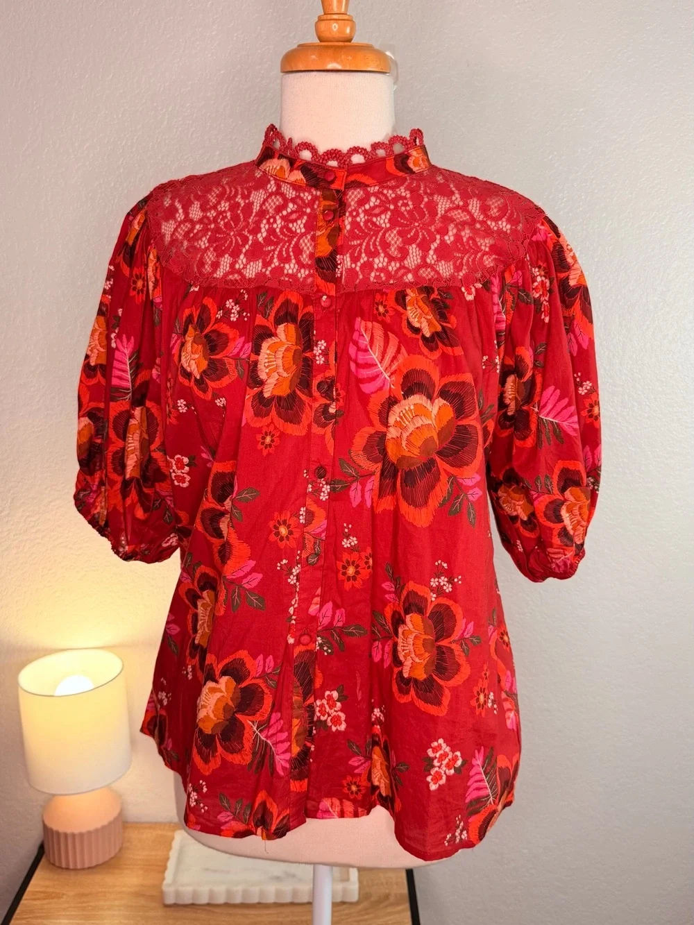 FARM RIO by Anthropologie Red Floral Puff-Sleeve Blouse